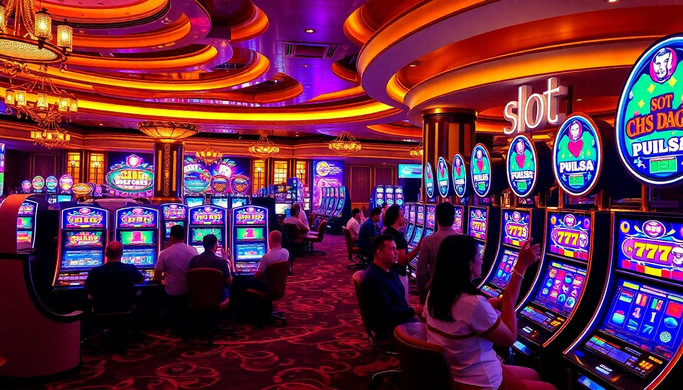 Exciting slot depo pulsa gaming scene with players winning on colorful machines.