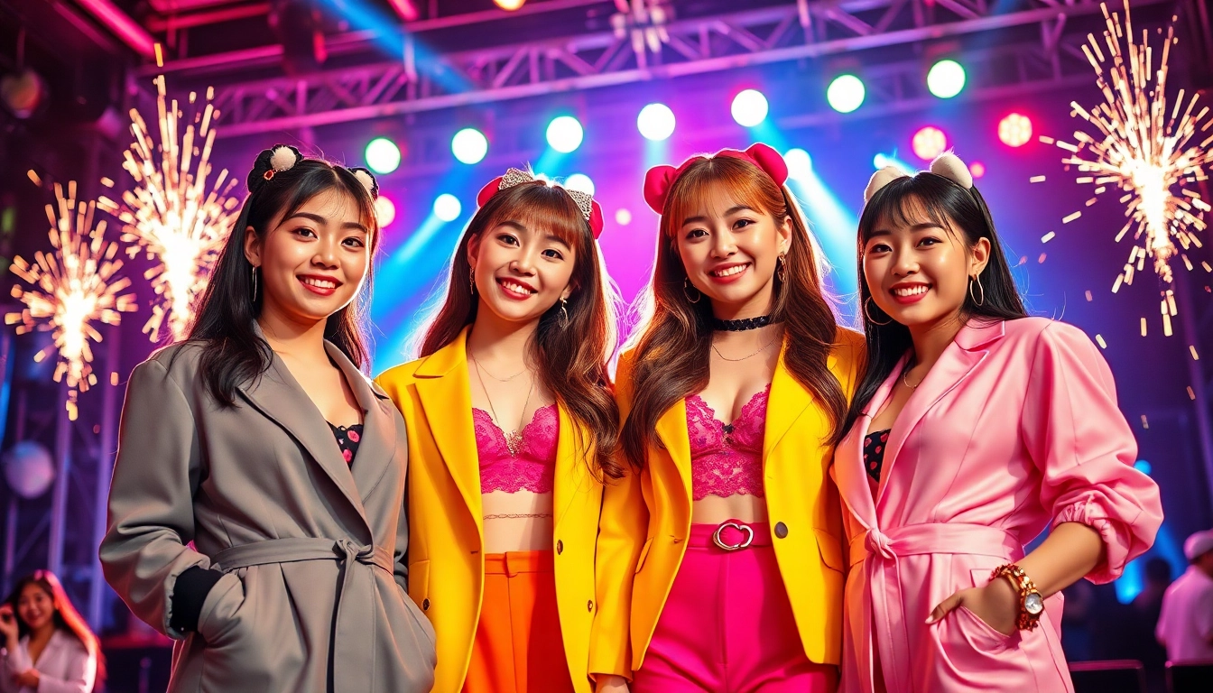 Dynamic portrayal of the blackpink members in concert, highlighting their vibrant styles and energetic atmosphere.