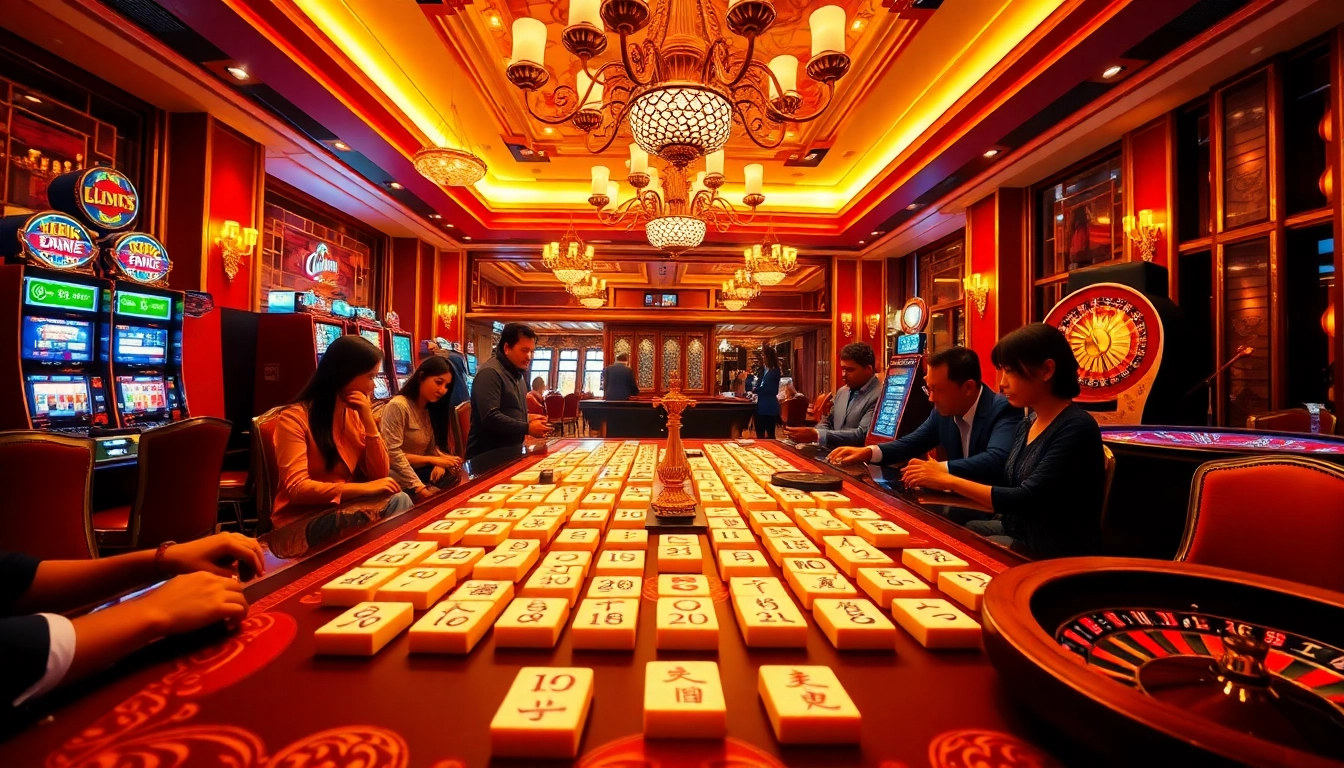 Pemain terlibat dalam Link Mahjong di kasino kelas atas, dikelilingi oleh meja permainan yang meriah dan suasana yang hidup.