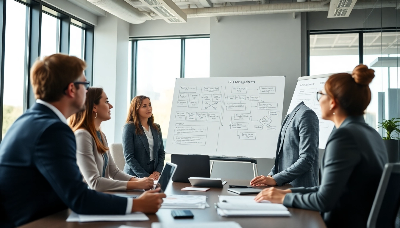 Dynamic crisis management consultant leading a strategy meeting with a diverse team, fostering collaboration.