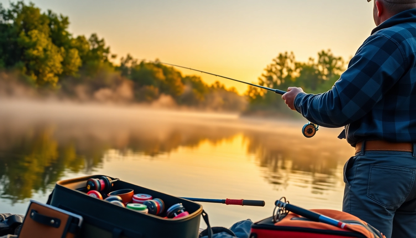 Angler fly fishing for bass at sunrise, capturing the tranquility of the lake and vibrant surroundings.