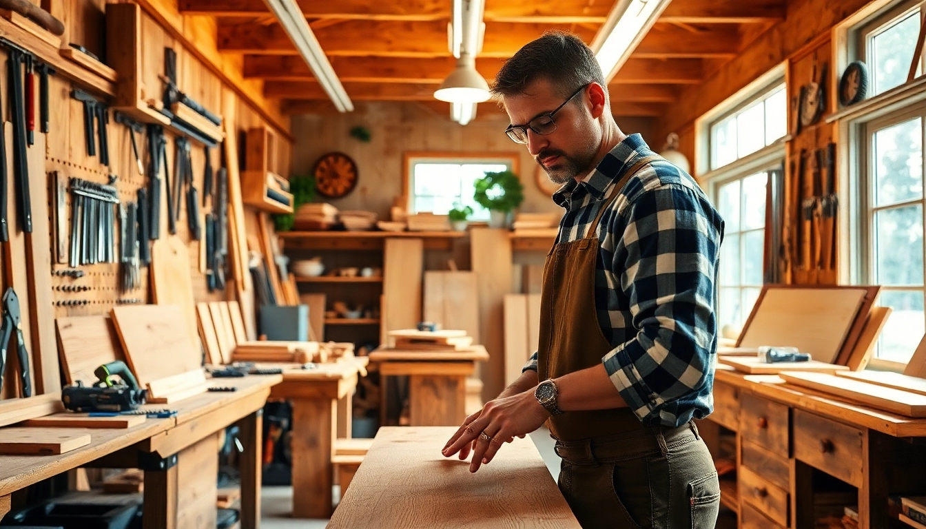Carpentry Apprenticeship Near Me: Skilled carpenter working in bright workshop filled with tools.