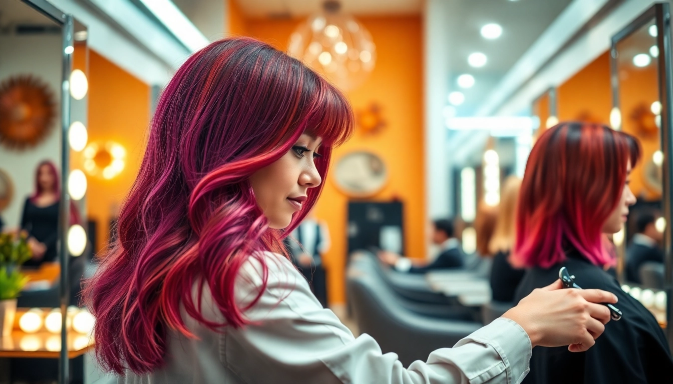 Observing hair stylist bucuresti crafting a unique hairstyle in a vibrant salon.