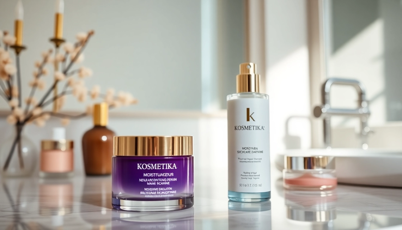 įvairūs Kosmetika odos priežiūros produktai stilingoje vonios kambario aplinkoje