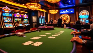 S8 casino players enjoying a thrilling blackjack game in a luxurious setting with vibrant slot machines.