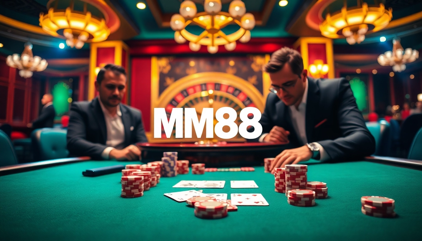Experience the excitement of MM88 with a vibrant casino scene featuring a poker table and roulette wheel.