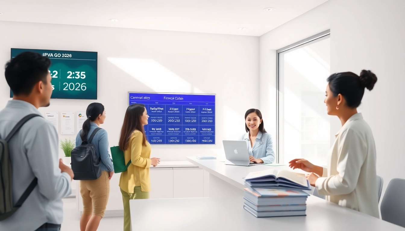 Engaging scene of community members paying IPVA GO 2026 at a modern government office.