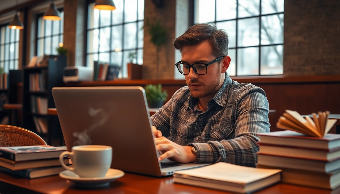 Capture the essence of https://www.todayville.com with a journalist in a vibrant coffee shop.