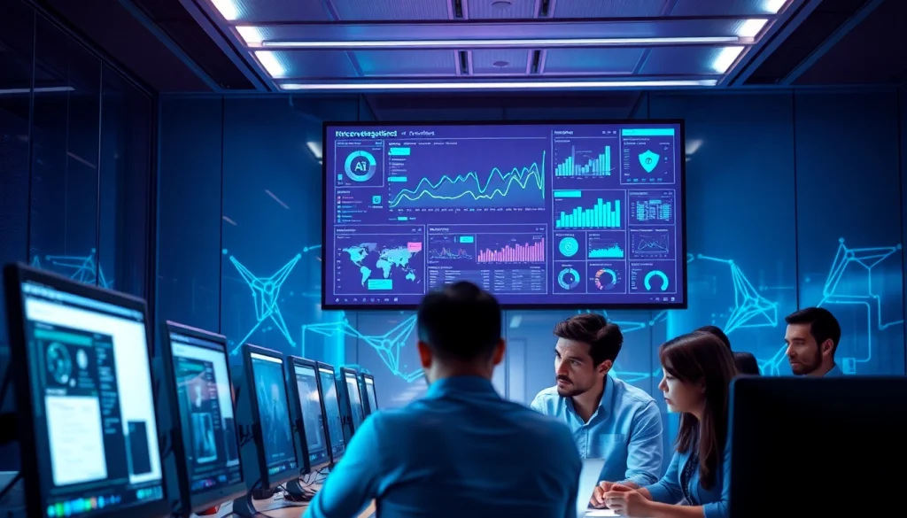 Cybersecurity AI professionals analyzing real-time data in a modern office environment.