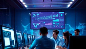 Cybersecurity AI professionals analyzing real-time data in a modern office environment.