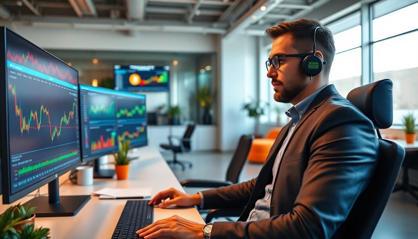 Acheter bitcoin dans un environnement moderne avec un trader en action analysant des marchés