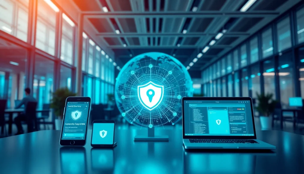 在高科技办公环境中，现代设备上显示的快连官网 VPN 服务。