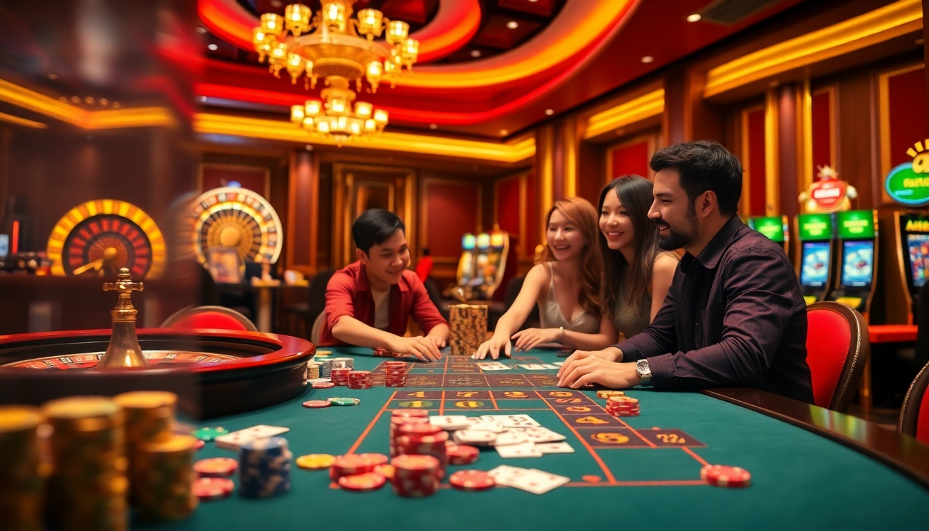 Meja permainan situs deposit 5k dengan chip berwarna-warni dan kartu dalam adegan kasino mewah.