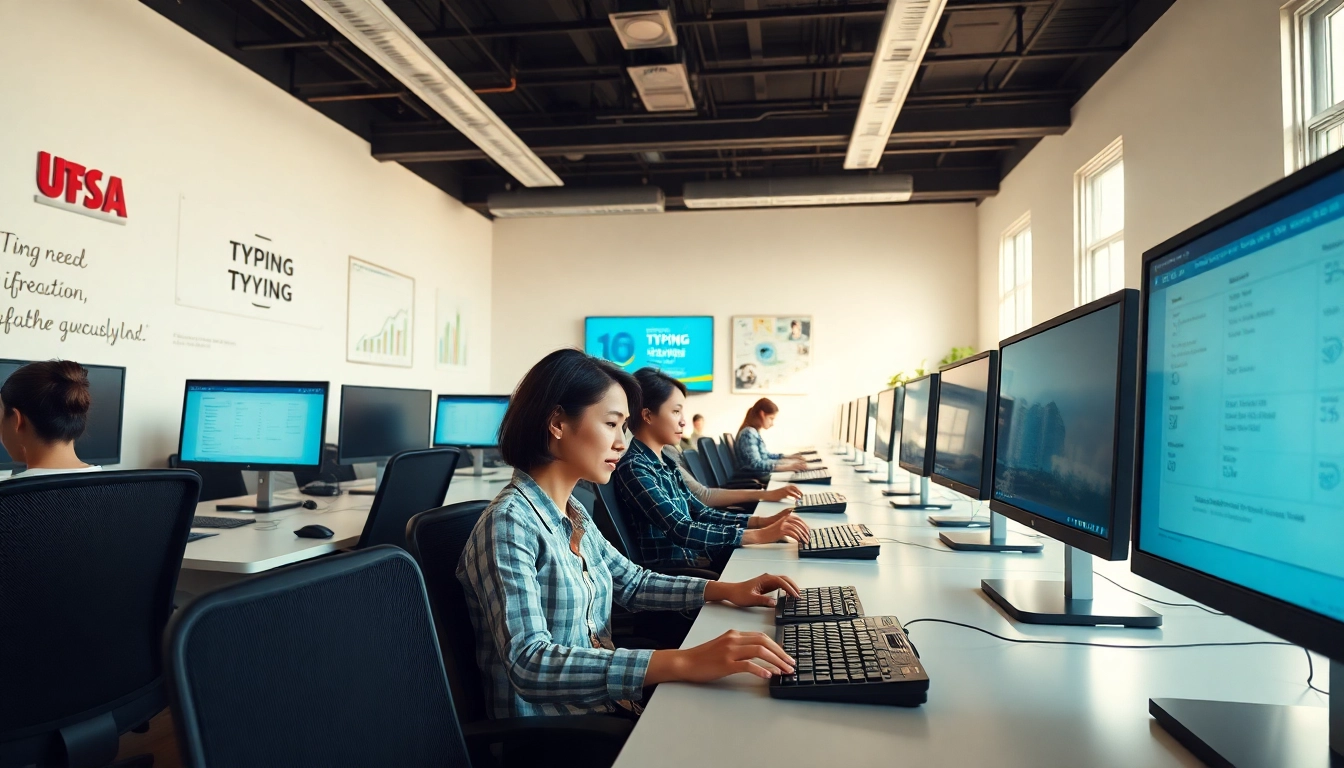 Enhance productivity at a typing center with focused professionals and modern workstations.