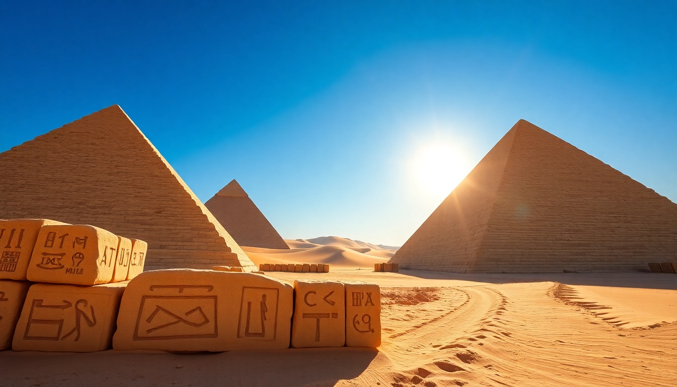 Experience the majesty of piraminds set against a clear blue sky in a vibrant desert.