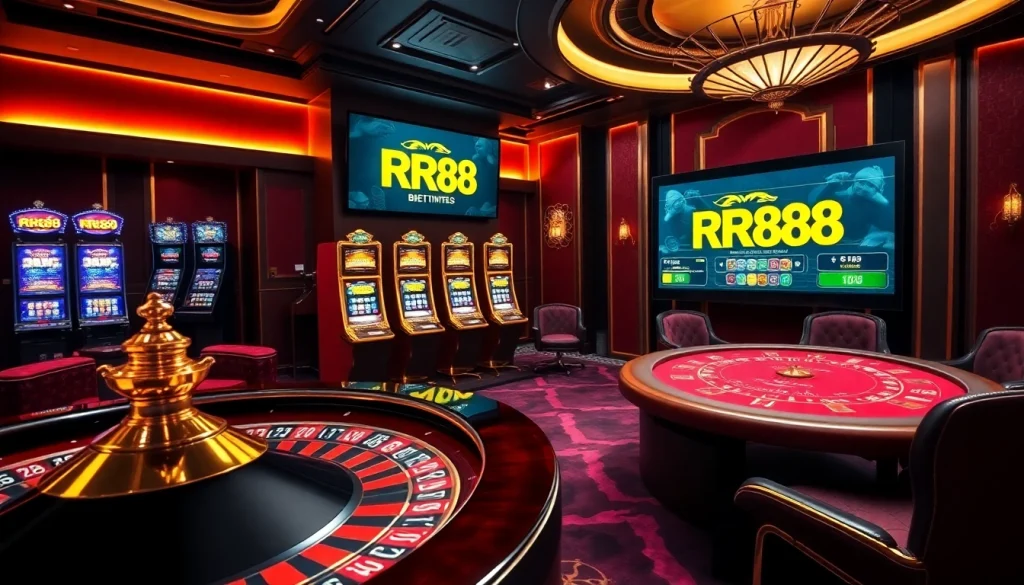 RR88 casino excitement with vibrant slot machines and a roulette wheel illuminating the gaming experience.