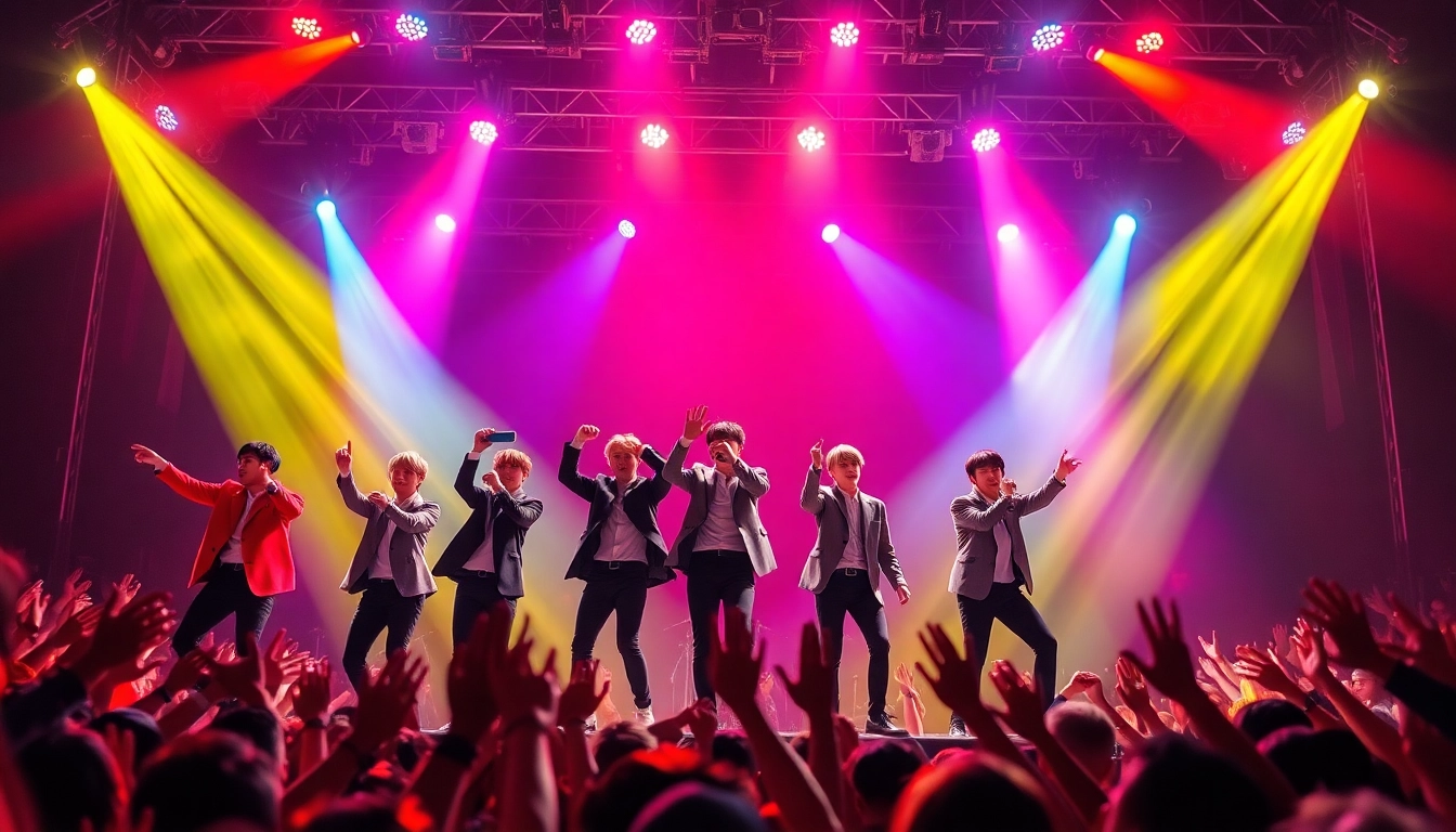 BTS news highlights an exciting live performance with vibrant stage lights and enthusiastic fans.