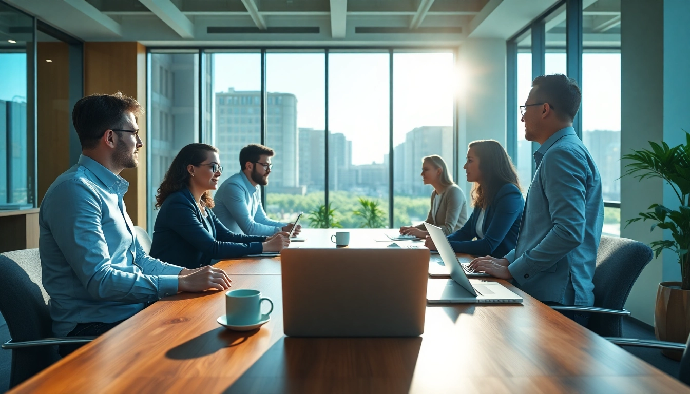 Engaging professionals discussing strategies to hire account executives in a modern office.