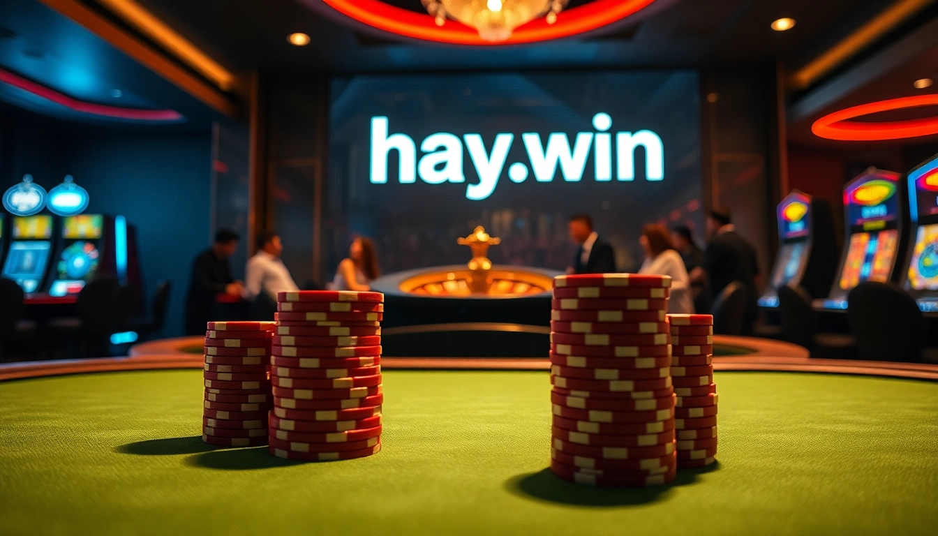 Experience high-stakes excitement at hay.win casino tables with poker chips and roulette wheels.