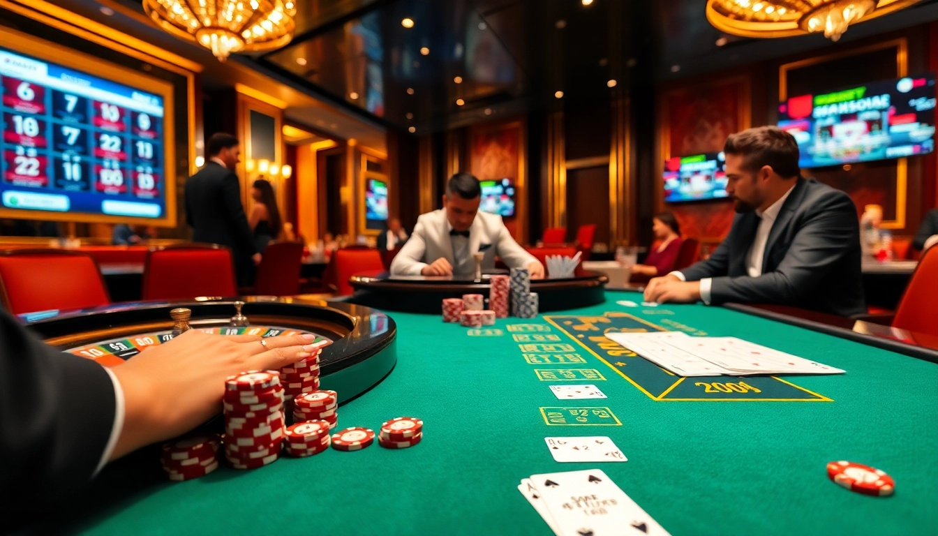 Sbobet players placing bets at a vibrant poker table with dynamic casino elements.