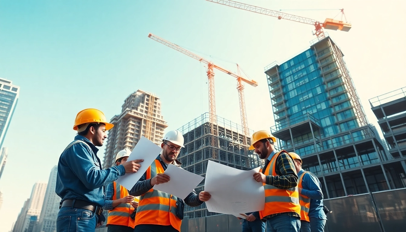 New York City Commercial General Contractor overseeing a construction site with diverse workers and cranes.