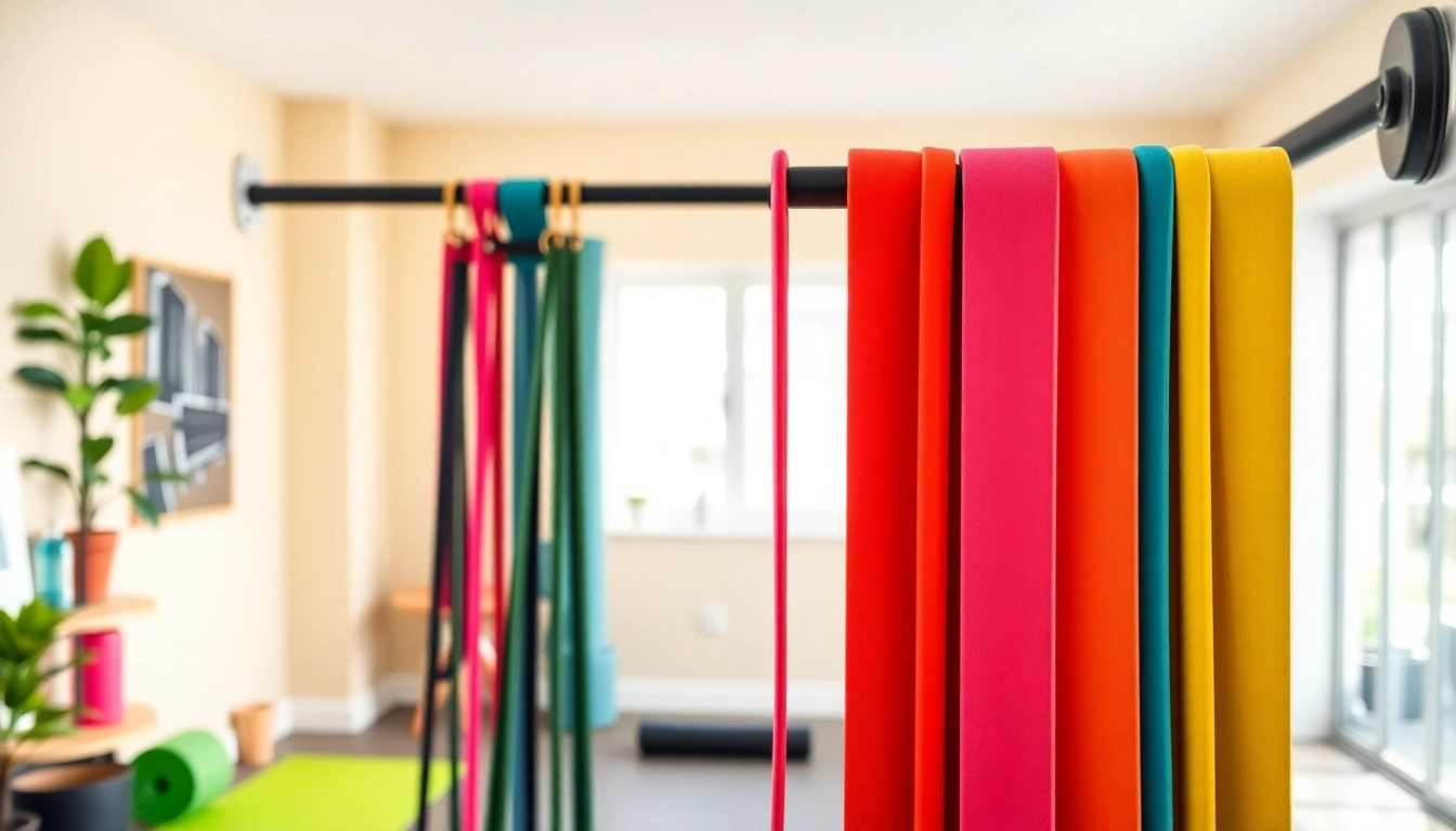 Pull-up resistance bands arranged in a modern home gym setting, showcasing various colors and strengths.