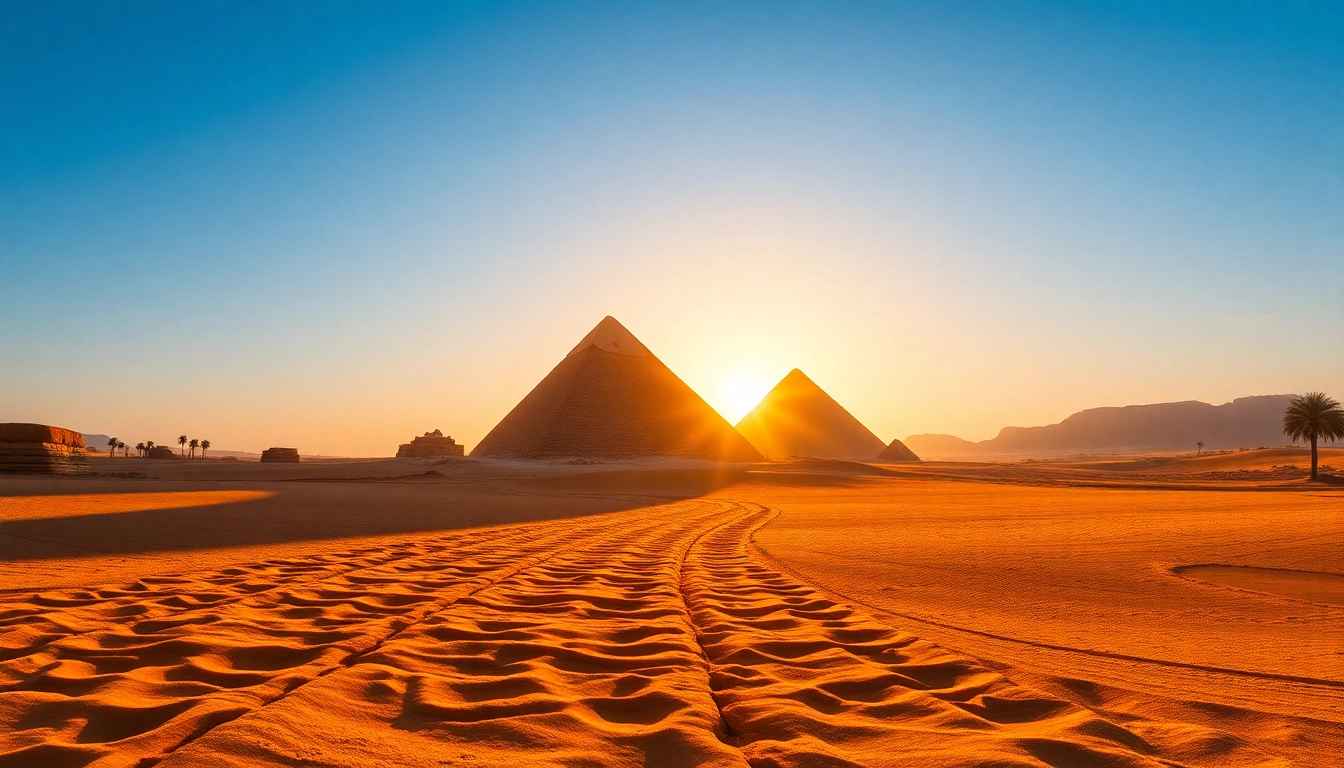 Pyraminds silhouetted against a stunning sunset sky at Giza, highlighting their majestic presence.