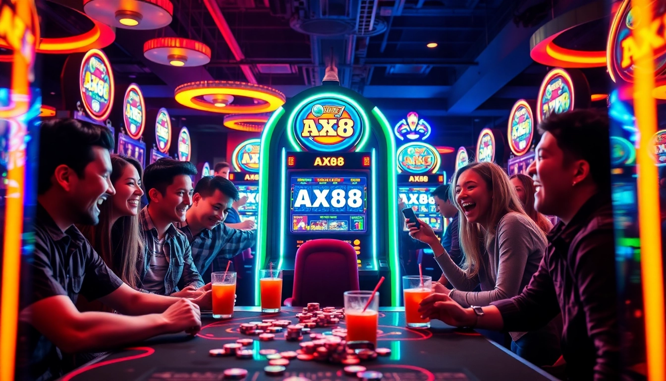 Người chơi tận hưởng máy xèng AX88 đầy phấn khích trong một casino sôi động.