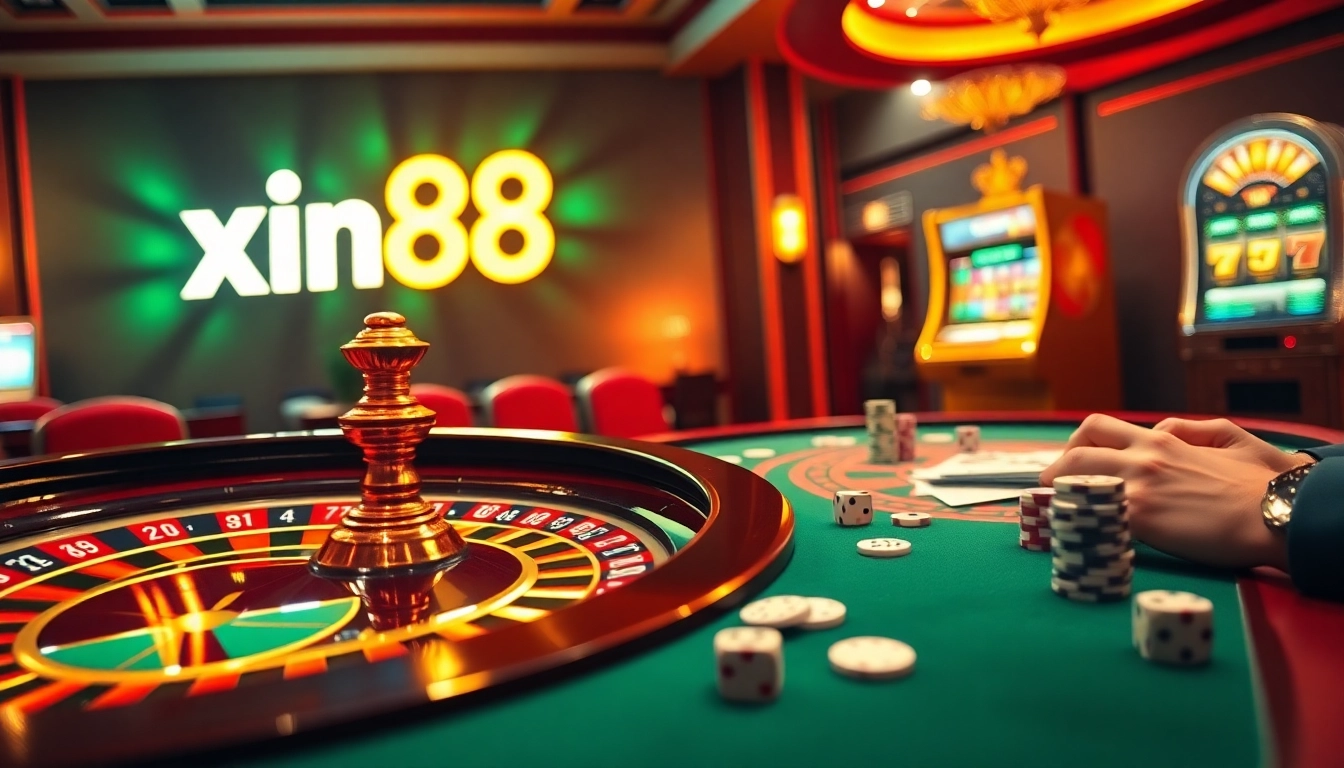 Experience the excitement of xin88 at a luxurious casino with a roulette wheel and poker table.