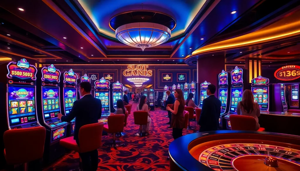 Para pemain menikmati sensasi permainan slot depo pulsa di lingkungan kasino mewah.