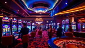 Para pemain menikmati sensasi permainan slot depo pulsa di lingkungan kasino mewah.