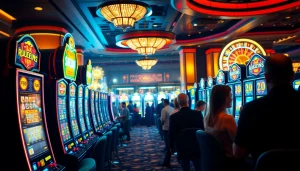 Excitement at a slot depo 1000 casino with colorful slot machines and eager players.