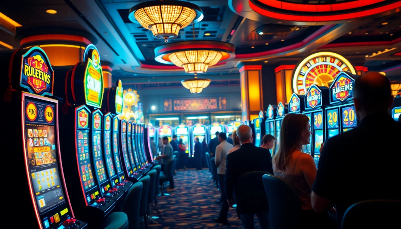 Excitement at a slot depo 1000 casino with colorful slot machines and eager players.