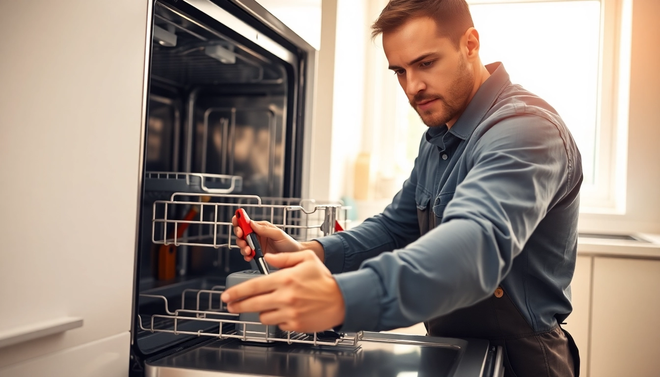 Expert performing BOSCH dishwasher repair in a modern kitchen environment.