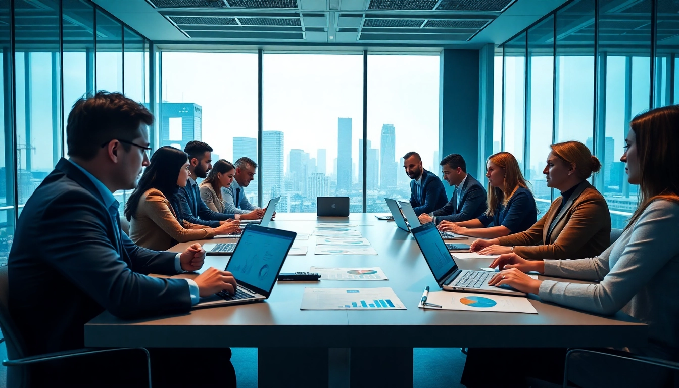 Engaged team members discussing competitive intelligence strategies in a modern office setting.
