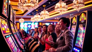 Para pemain menikmati slot depo pulsa di kasino mewah, merayakan kemenangan di mesin-mesin yang penuh warna.