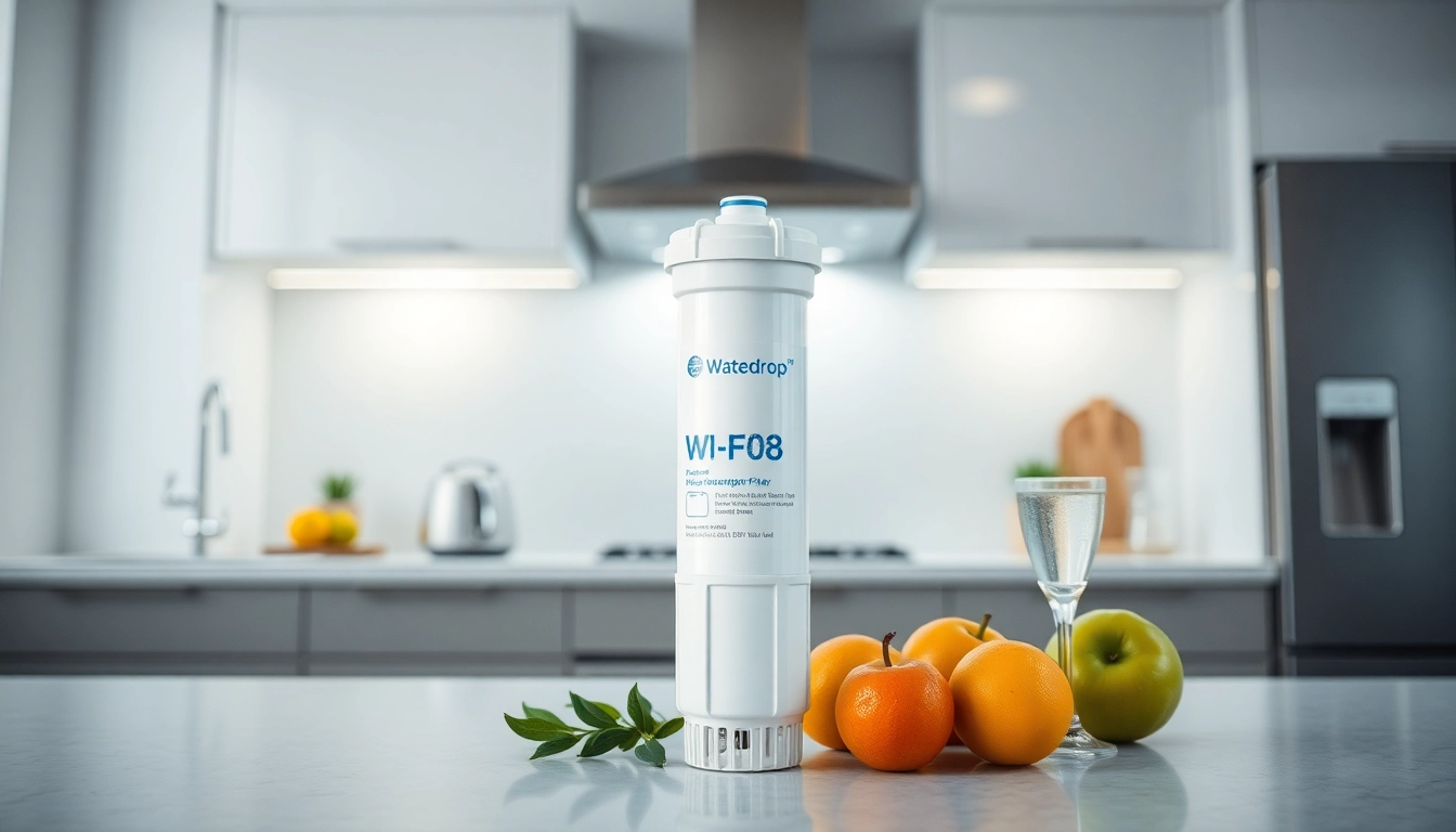 Waterdrop WD-F08 Replacement for 4396841 water filter in a modern kitchen, symbolizing freshness and health.