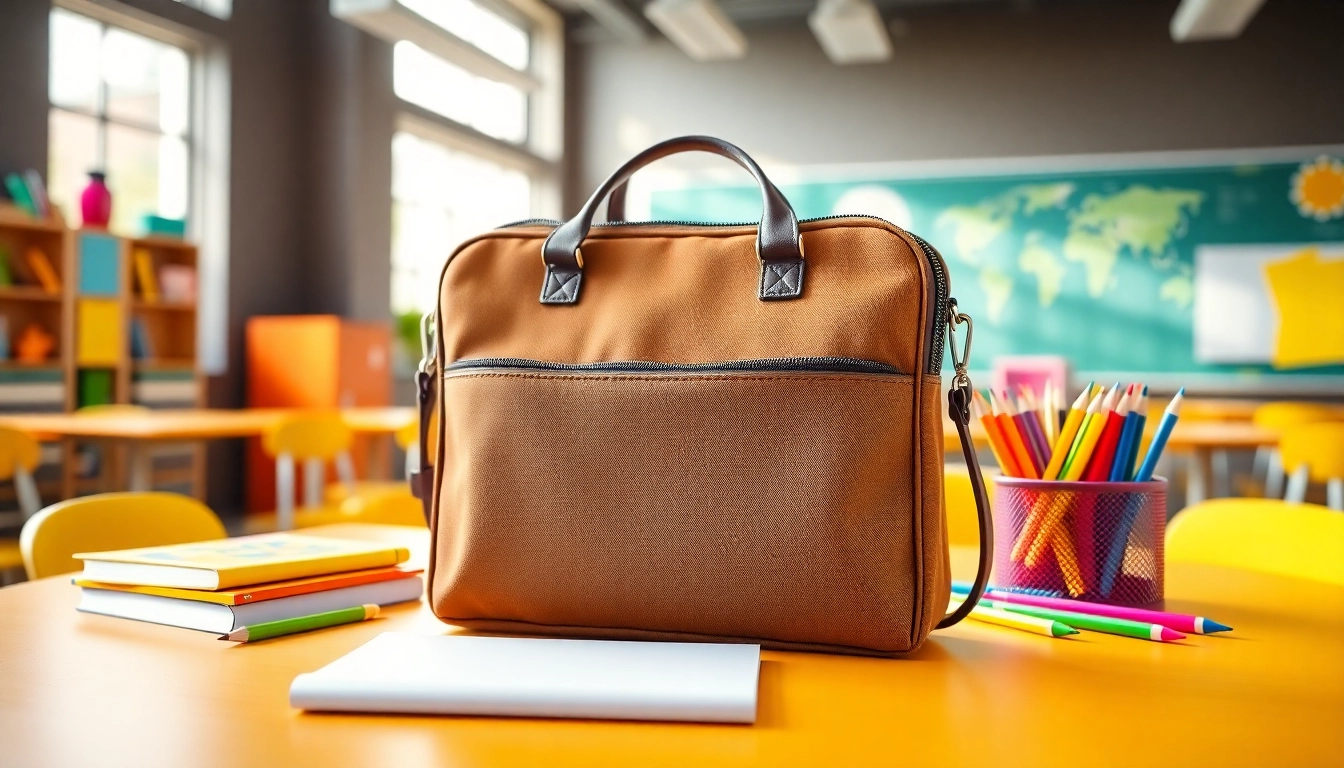 Die Handytasche Schule auf einem bunten Schreibtisch mit Schulmaterialien.