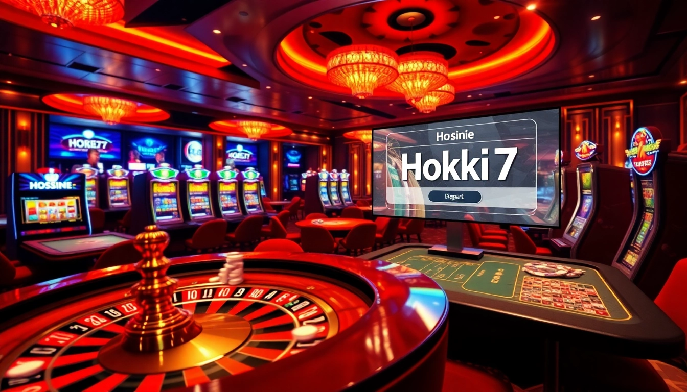 Experience the thrilling atmosphere of Hoki77 link with vibrant casino interiors and exciting gaming activities.