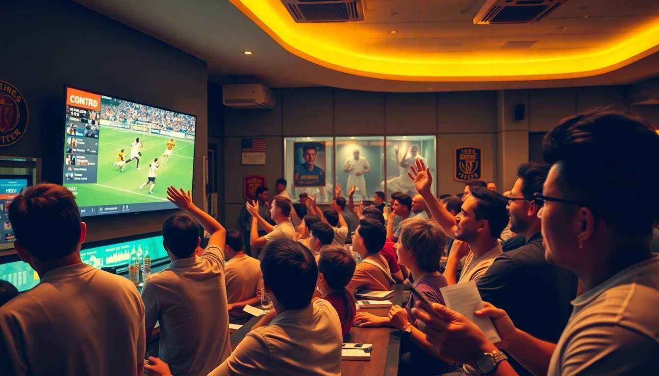 Exciting sports betting scene with fans engaging in 토토스토리 at a lively bar.