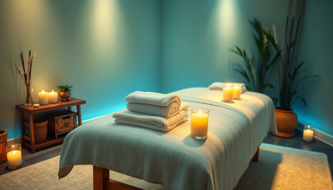 편안한 장식이 있는 고요한 마사지 치료실을 보여주는 이완 장면.