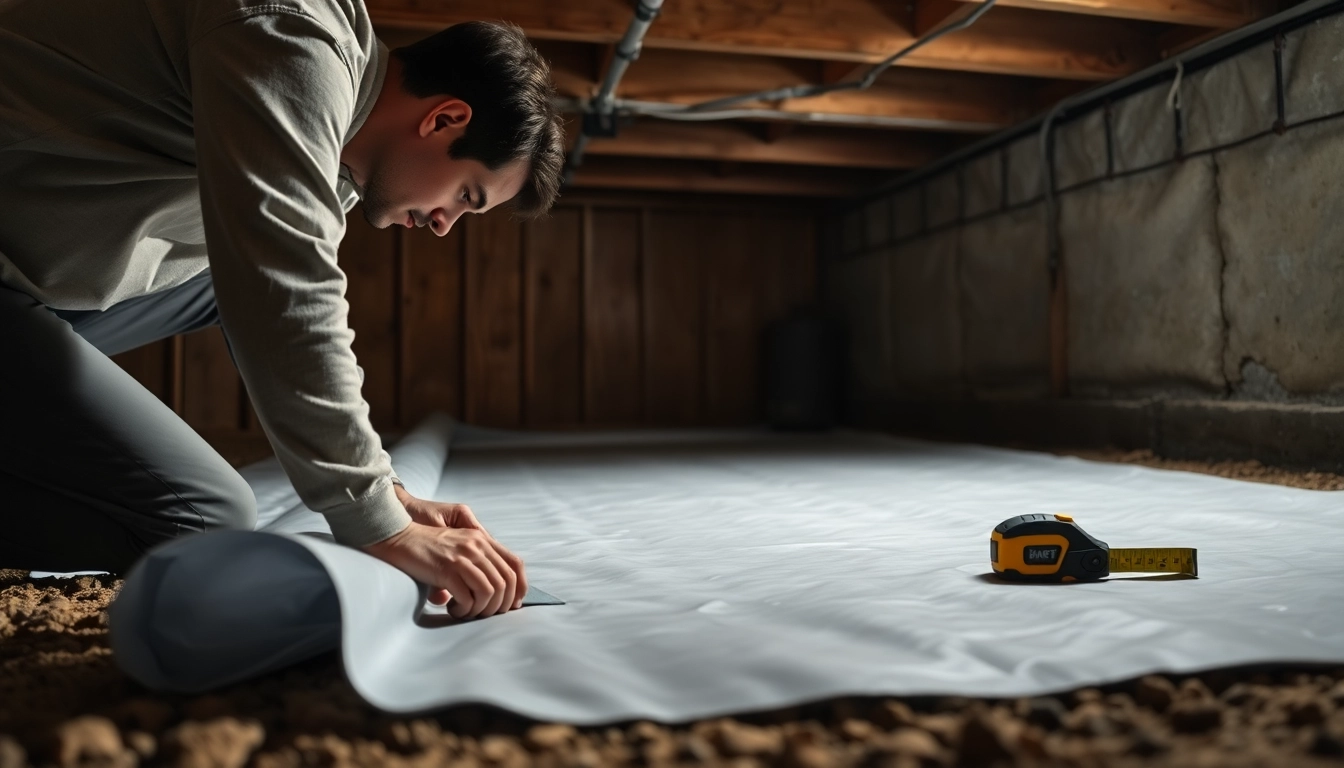 Contractor performing vapor barrier installation in a crawl space with tools and safety gear.