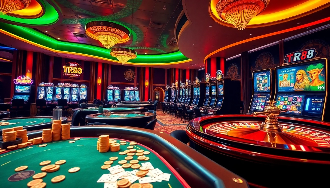 Players enjoying poker at TR88, surrounded by colorful slot machines and a digital roulette wheel.