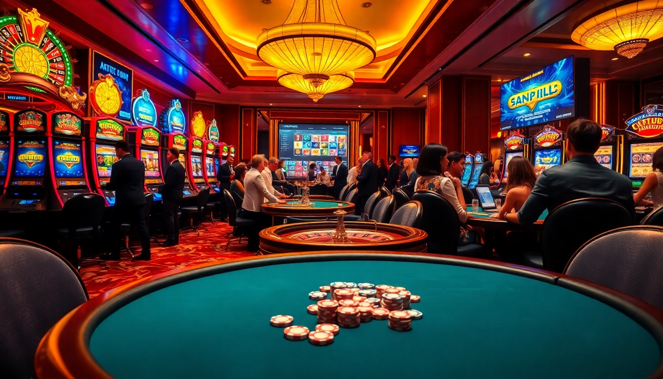 Joueurs profitant de leur temps au meilleur casino en ligne avec des machines à sous vibrantes et une décoration élégante.