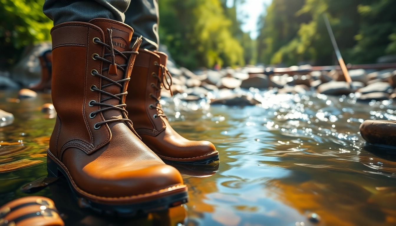 Active angler using fly fishing boots on the riverbank for optimal performance.
