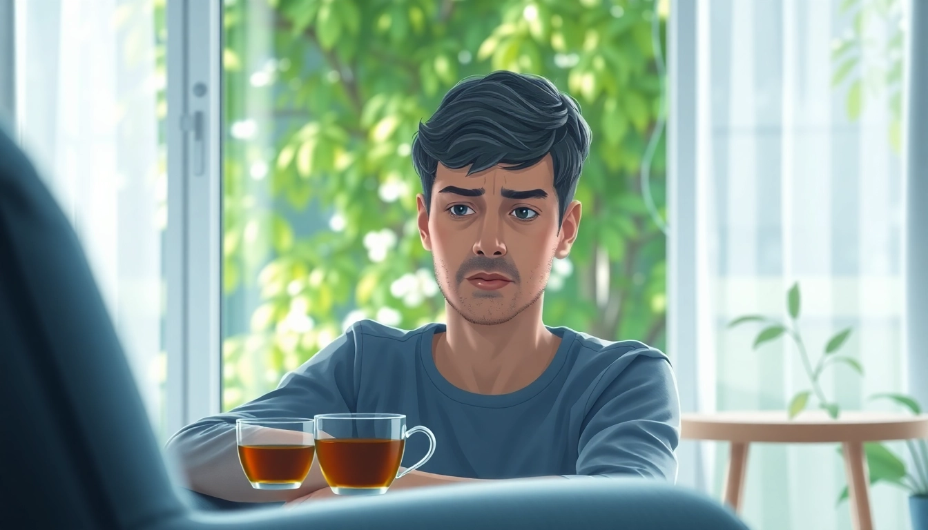 Anxiety symptoms illustrated through a person in a calming environment, expressing inner turmoil.