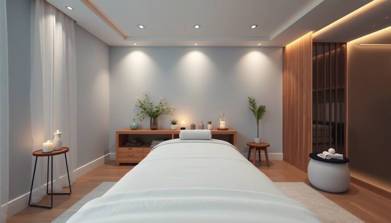 편안한 색상과 분위기 조명의 릴랙싱 마사지룸 설정.