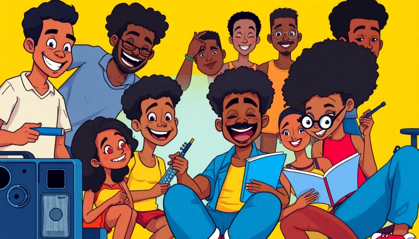 Engaging African American cartoon characters celebrating creativity in vibrant colors.