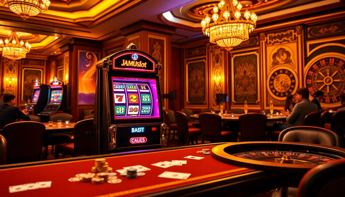 Experience the thrill of winning with JAMUslot at a vibrant casino scene featuring exciting slot machines.