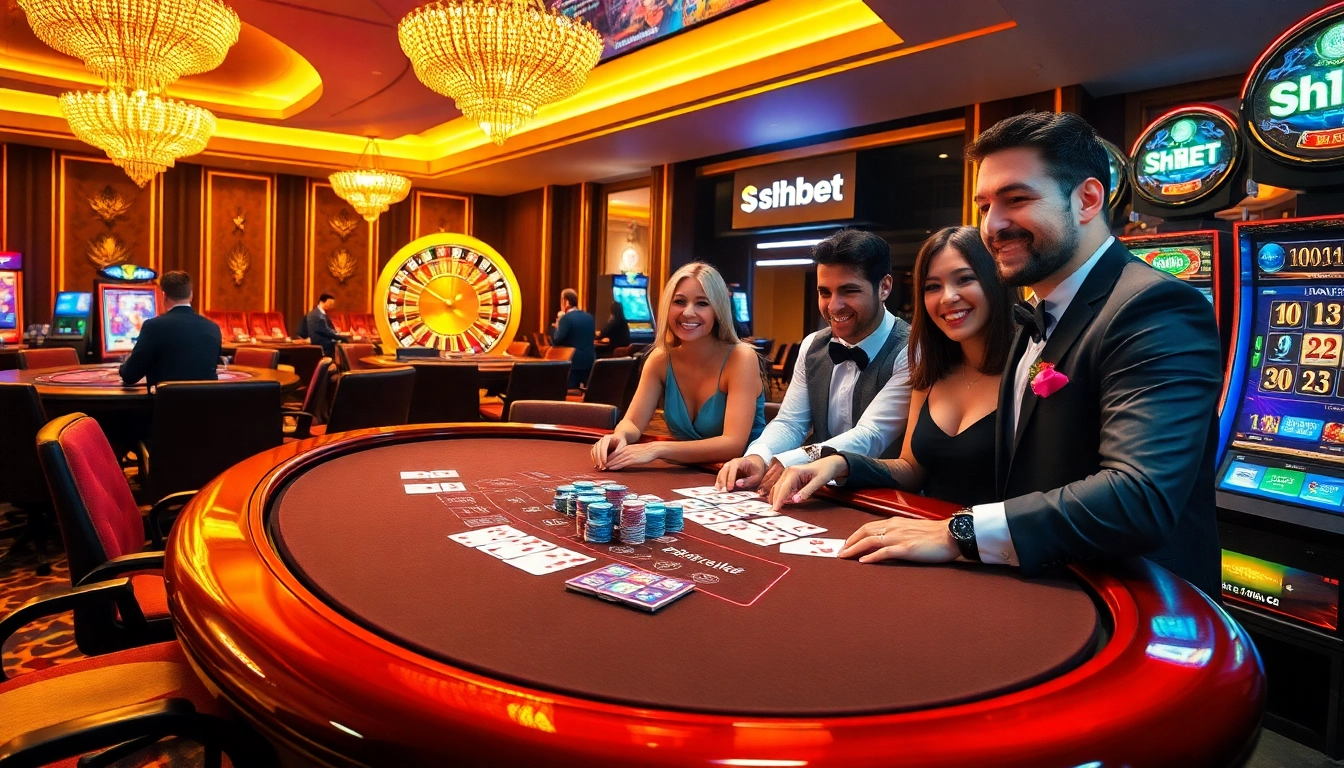 Excited gamblers playing at the luxurious shbet casino with poker tables and roulette wheels.
